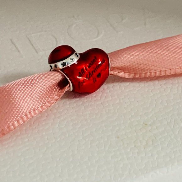 Pandora Metallic Red Christmas Heart Charm All want for Christmas Heart Pendant - Picture 2 of 7